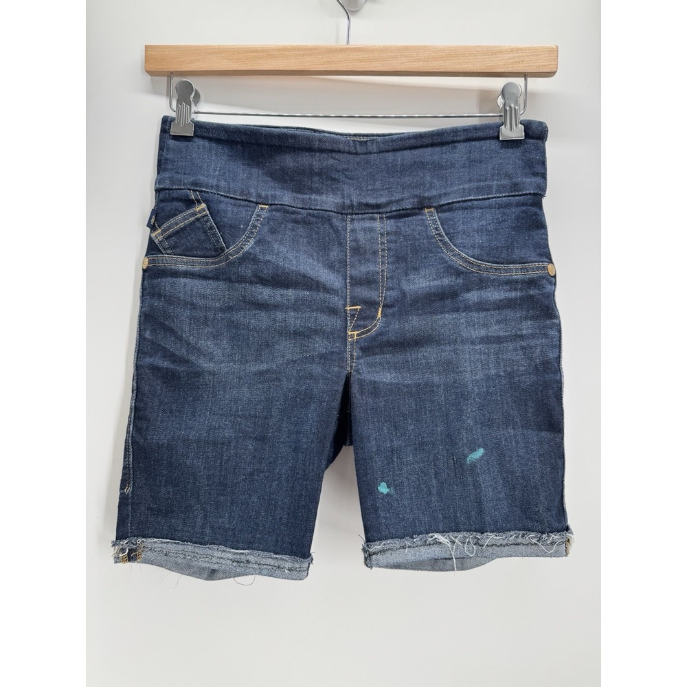 Dark Wash Pull On Denim Shorts Frayed Raw Hem Bermuda Indigo Boho Distressed - Picture 1 of 6